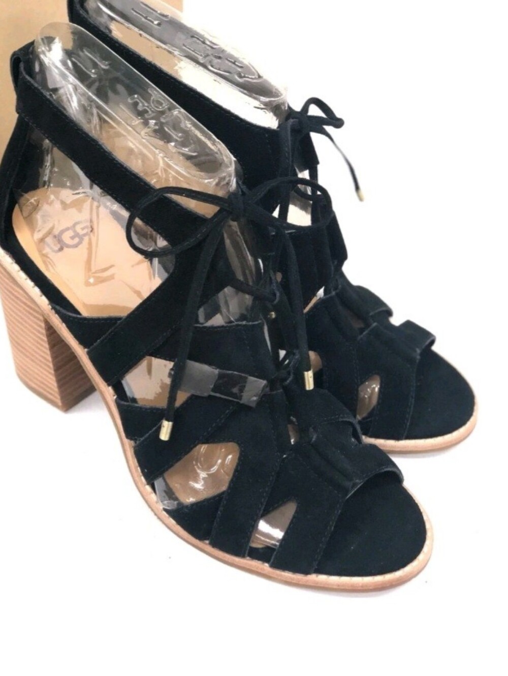 UGG Women's Black Suede Lace Up Gladiator Block Heel Sandals Size US 9.5 UK 8 - Picture 1 of 8